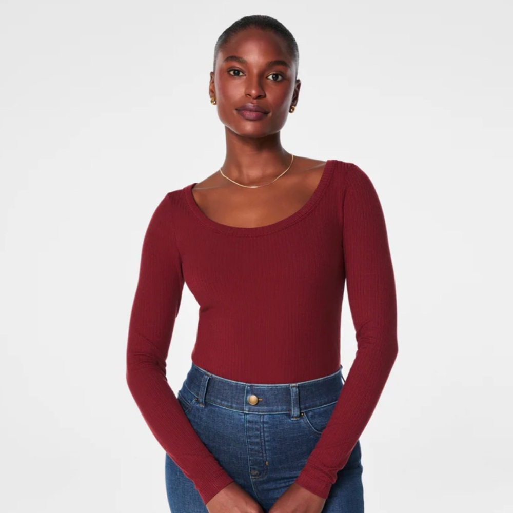 SPANX Stretch Rib Scoop Neck Long Sleeve Tee- Moroccan Red XS